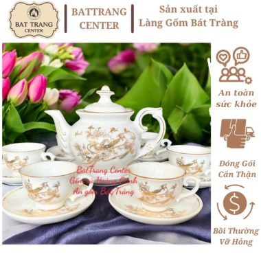 Bộ 7 mẫu ấm chén pha trà Bát Tràng men trắng vẽ vàng - Thiết kế Vinh Hoa Phú Quý, giá ưu đãi 461.957 VND