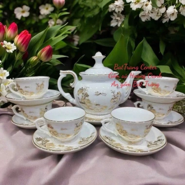 Bộ 7 mẫu ấm chén pha trà Bát Tràng men trắng vẽ vàng - Thiết kế Vinh Hoa Phú Quý, giá ưu đãi 461.957 VND