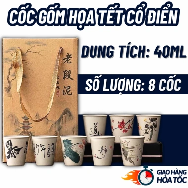 Bộ 8 chén trà men thô họa tiết cổ điển 4 mùa – quà tặng, giá 75.000 VND