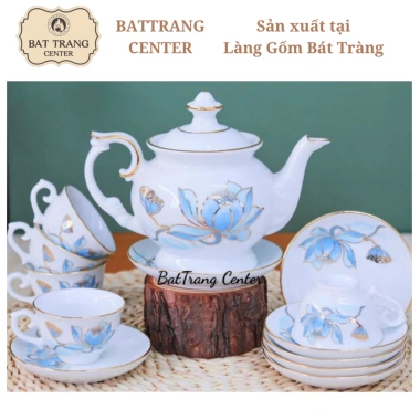 Bộ 8 mẫu ấm chén trà Bát Tràng men trắng vẽ vàng họa tiết hoa sen, đài, 500ml - Đồ gốm sứ cao cấp, giá ưu đãi 471,385₫