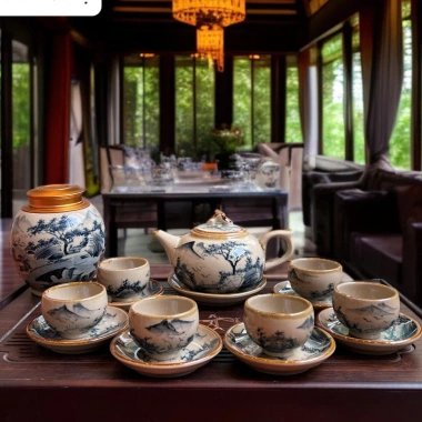 Bộ ấm chén Bát Tràng cao cấp men hoàng tộc, vẽ tay sơn thuỷ, ấm trà giả cổ sang trọng – giảm còn 750.000₫