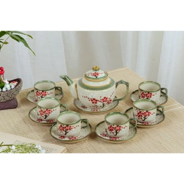 Bộ ấm chén Bát Tràng chữ thập kèm 3 phụ kiện: hộp chè, đựng nước, lọ tăm – Giá 330.000₫