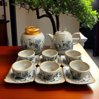 Bộ ấm chén Bát Tràng men quý tộc cảnh Trúc Lâm Thất Hiền - Giá ưu đãi 156.000 VND