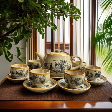 Bộ ấm chén Bát Tràng men quý tộc cảnh Trúc Lâm Thất Hiền - Giá ưu đãi 156.000 VND