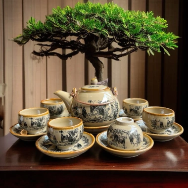 Bộ ấm chén Bát Tràng men quý tộc cảnh Trúc Lâm Thất Hiền - Giá ưu đãi 156.000 VND