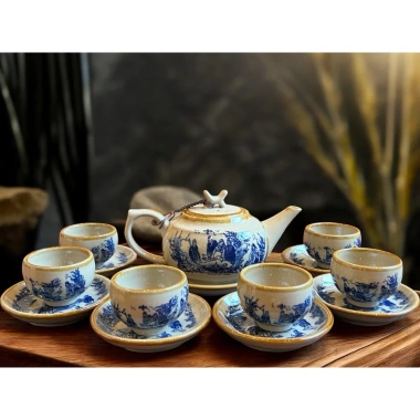 Bộ ấm chén Bát Tràng men quý tộc cảnh Trúc Lâm Thất Hiền - Giá ưu đãi 156.000 VND