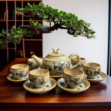 Bộ ấm chén Bát Tràng men quý tộc cảnh Trúc Lâm Thất Hiền - Giá ưu đãi 156.000 VND