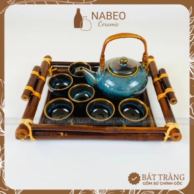 Bộ Ấm Chén Bát Tràng Quai Mây - Ấm Trà Men Hoả Biến Dung Tích 350ml, Giá 325.000 VND