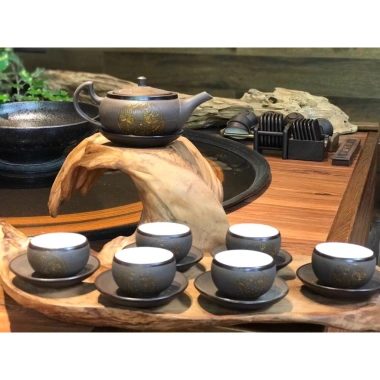 Bộ ấm chén bát Trắng Vàng, Trắng Xanh, Sao Vàng, Sao Xanh - Long chén giao màu, Giá ưu đãi 260k