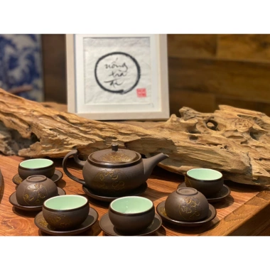 Bộ ấm chén bát Trắng Vàng, Trắng Xanh, Sao Vàng, Sao Xanh - Long chén giao màu, Giá ưu đãi 260k