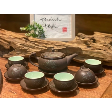 Bộ ấm chén bát Trắng Vàng, Trắng Xanh, Sao Vàng, Sao Xanh - Long chén giao màu, Giá ưu đãi 260k
