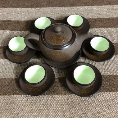 Bộ ấm chén bát Trắng Vàng, Trắng Xanh, Sao Vàng, Sao Xanh - Long chén giao màu, Giá ưu đãi 260k