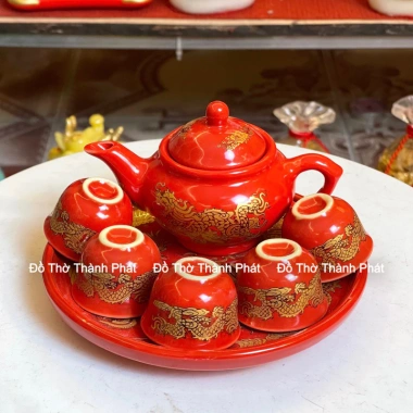 Bộ ấm chén đỏ gấm thờ Thần Tài, ấm trà cao cấp, thiết kế sang trọng, giảm giá