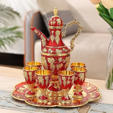 Bộ Ấm Chén Hợp Kim Hoàng Gia Mạ Vàng Chống Oxy Hóa - 6 Ly + 1 Ấm + Khay Đựng 6