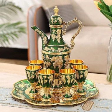 Bộ Ấm Chén Hợp Kim Hoàng Gia Mạ Vàng Chống Oxy Hóa - 6 Ly + 1 Ấm + Khay Đựng 8
