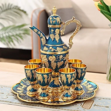 Bộ Ấm Chén Hợp Kim Hoàng Gia Mạ Vàng Chống Oxy Hóa - 6 Ly + 1 Ấm + Khay Đựng 10