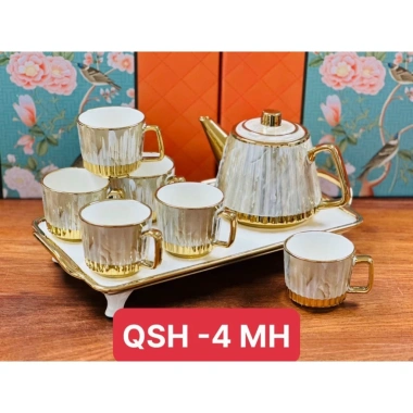 Bộ ấm chén khay sứ pha trà cà phê vân đá sọc viền vàng, nắp cá heo - 3 mẫu, giảm giá 795.000đ
