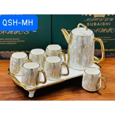 Bộ ấm chén khay sứ pha trà cà phê vân đá sọc viền vàng, nắp cá heo - 3 mẫu, giảm giá 795.000đ 3 Bộ ấm chén khay sứ pha trà cà phê vân đá sọc viền vàng, nắp cá heo - 3 mẫu, giảm giá 795.000đ 3