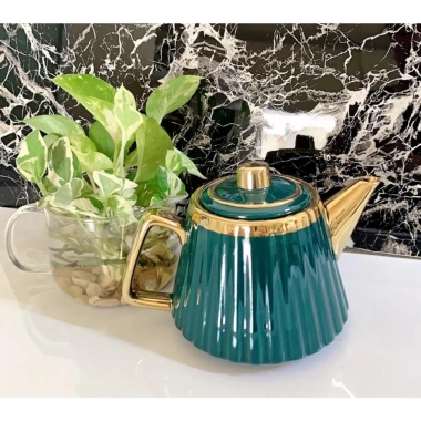 Bộ ấm chén khay sứ pha trà cà phê Xanh Ngọc Vàng Vân Tăm, góc thanh lý, giá 98.801/76.590 3