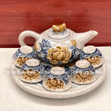 Bộ ấm chén men rạn đắp nổi thờ cúng - 7 món, giá ưu đãi 320.000₫
