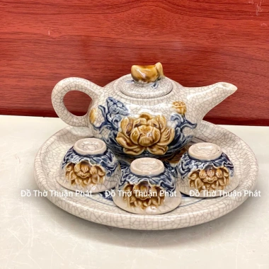 Bộ ấm chén men rạn đắp nổi thờ cúng - 7 món, giá ưu đãi 320.000₫