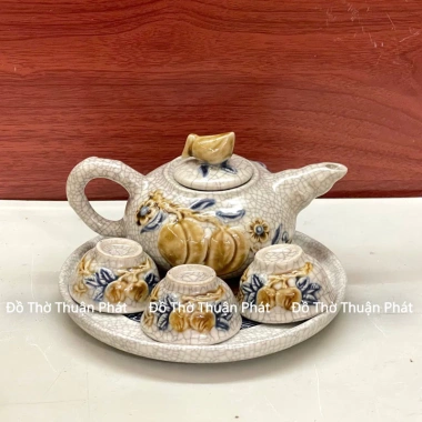 Bộ ấm chén men rạn đắp nổi thờ cúng - 7 món, giá ưu đãi 320.000₫