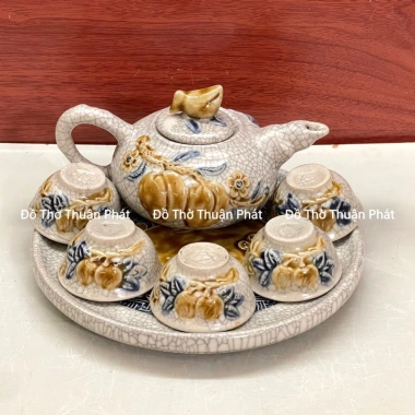 Bộ ấm chén men rạn đắp nổi thờ cúng - 7 món, giá ưu đãi 320.000₫