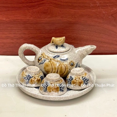 Bộ ấm chén men rạn đắp nổi thờ cúng - 7 món, giá ưu đãi 320.000₫