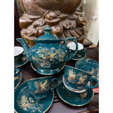 Bộ ấm chén men xanh Hương Bình Bát Tràng 550ml vẽ vàng kín 2 mặt - Giá ưu đãi 550.000đ