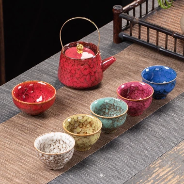 Bộ ấm chén ngũ hành Kiến Trản Thiên Mục Hoả Biến 1 ấm 6 chén - Đủ mệnh Kim Mộc Thủy Hoả Thổ, Uống Trà Sang Trọng - Giá ưu đãi 320.000₫