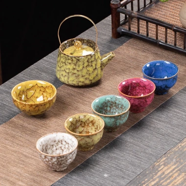 Bộ ấm chén ngũ hành Kiến Trản Thiên Mục Hoả Biến 1 ấm 6 chén - Đủ mệnh Kim Mộc Thủy Hoả Thổ, Uống Trà Sang Trọng - Giá ưu đãi 320.000₫