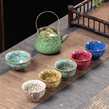 Bộ ấm chén ngũ hành Kiến Trản Thiên Mục Hoả Biến 1 ấm 6 chén - Đủ mệnh Kim Mộc Thủy Hoả Thổ, Uống Trà Sang Trọng - Giá ưu đãi 320.000₫