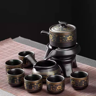 Bộ Ấm Chén Pha Trà Cối Xay Gốm Sứ Trắng Retro - Trà Tự Động Cao Cấp Lòng Trắng Hoa Vàng