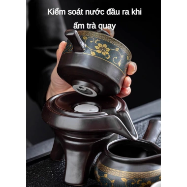Bộ Ấm Chén Pha Trà Cối Xay Gốm Sứ Trắng Retro - Trà Tự Động Cao Cấp Lòng Trắng Hoa Vàng
