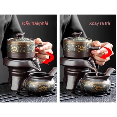 Bộ Ấm Chén Pha Trà Cối Xay Gốm Sứ Trắng Retro - Trà Tự Động Cao Cấp Lòng Trắng Hoa Vàng