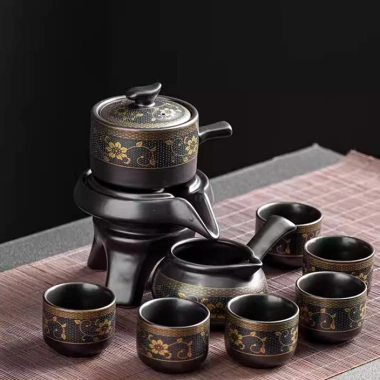 Bộ Ấm Chén Pha Trà Cối Xay Gốm Sứ Trắng Retro - Trà Tự Động Cao Cấp Lòng Trắng Hoa Vàng