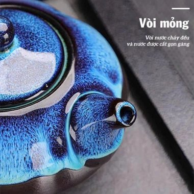Bộ ấm chén pha trà gốm men hoả biến xanh ngọc 6 món sang trọng - quà khai trương công ty, giảm còn 43.120₫