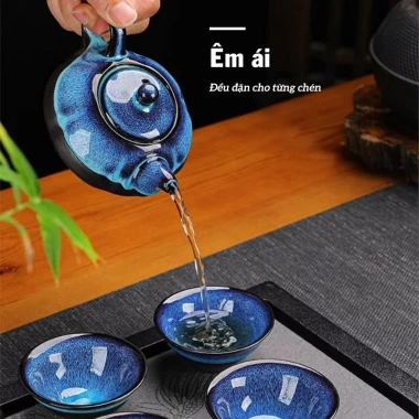 Bộ ấm chén pha trà gốm men hoả biến xanh ngọc 6 món sang trọng - quà khai trương công ty, giảm còn 43.120₫