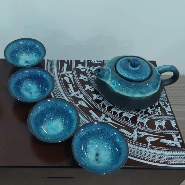Bộ ấm chén pha trà gốm men hoả biến xanh ngọc 6 món sang trọng - quà khai trương công ty, giảm còn 43.120₫