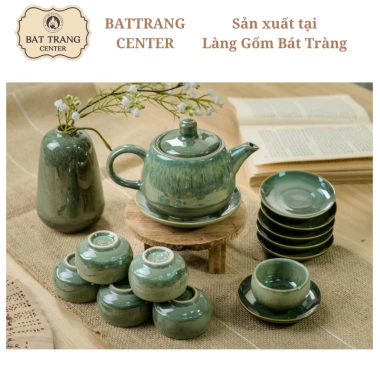 Bộ Ấm Chén Pha Trà Hoa Nở Trong Lòng Bát Tràng – Men Xanh Thiên Thanh, Quả Hồng Đậm Đà, Giá 493k