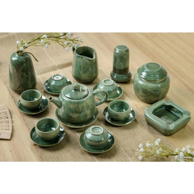 Bộ Ấm Chén Pha Trà Hoa Nở Trong Lòng Bát Tràng – Men Xanh Thiên Thanh, Quả Hồng Đậm Đà, Giá 493k