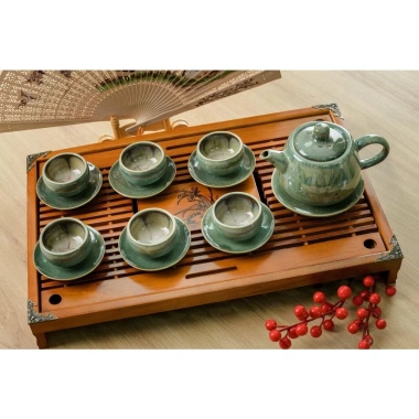 Bộ Ấm Chén Pha Trà Hoa Nở Trong Lòng Bát Tràng – Men Xanh Thiên Thanh, Quả Hồng Đậm Đà, Giá 493k