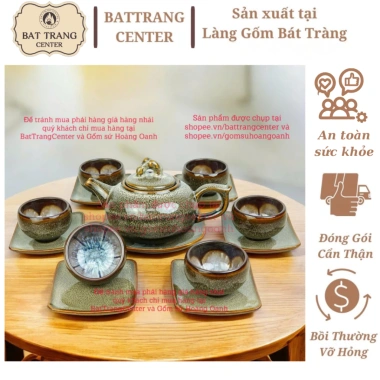 Bộ ấm chén pha trà Men Huyền Thổ Hỏa Biến Bát Tráng Hoa Nở Dáng Quả Hồng 400ml