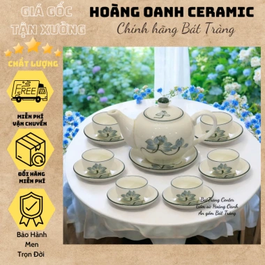 Bộ ấm chén pha trà men kem Bát Tràng Sen Xanh - Minh Long 300ml, giá ưu đãi