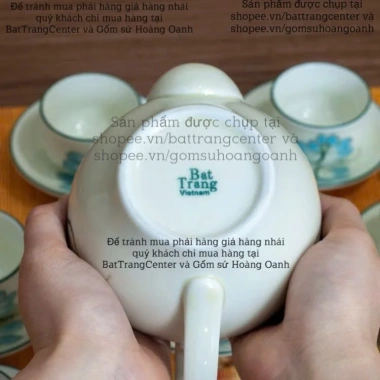 Bộ ấm chén pha trà men kem Bát Tràng Sen Xanh - Minh Long 300ml, giá ưu đãi