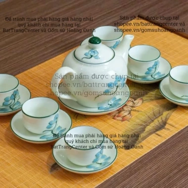 Bộ ấm chén pha trà men kem Bát Tràng Sen Xanh - Minh Long 300ml, giá ưu đãi