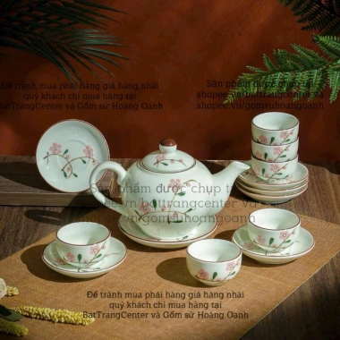 Bộ ấm chén pha trà men kem Bát Tràng Sen Xanh - Minh Long 300ml, giá ưu đãi 9 Bộ ấm chén pha trà men kem Bát Tràng Sen Xanh - Minh Long 300ml, giá ưu đãi 9