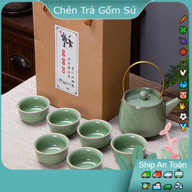 Bộ Ấm Chén Pha Trà Men Rạn Nứt Xanh 4-6 Người Quà Tặng Hộp Túi Xách Sang Trọng