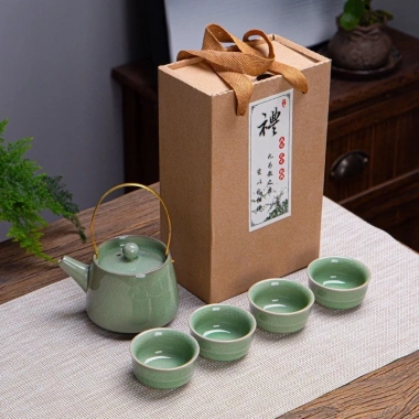 Bộ Ấm Chén Pha Trà Men Rạn Nứt Xanh 4-6 Người Quà Tặng Hộp Túi Xách Sang Trọng