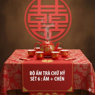 Bộ ấm chén sứ đỏ Hỷ rồng phượng 6 chén 1 ấm - Tiệc trà gia tiên, chỉ 100.000 VND 5